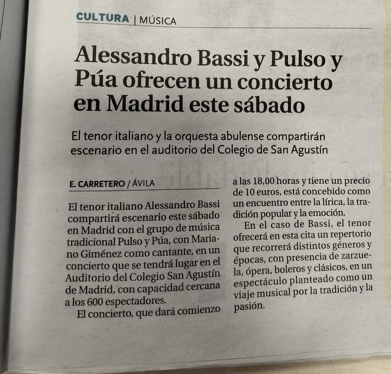 Recorte de prensa: Alessandro Bassi y Pulso y Púa ofrecen un concierto en Madrid este sábado